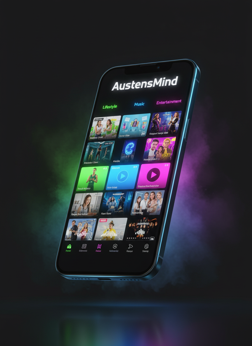 A sleek, ultra-modern mobile phone screen floating against a dark charcoal background, displaying a vibrant multimedia dashboard divided into three glowing neon sections: acid green for Lifestyle, electric blue for Music, and hot pink for Entertainment. Each silo shows tiny, crisp video thumbnails arranged in a tight grid, some with animated equalizer bars and play icons. Subtle, cool rim lighting outlines the phone’s polished metal edges, while a soft neon gradient fog radiates outward, casting faint reflections on a glossy black surface below. Shot in photographic realism from a slightly elevated three-quarter angle, the composition feels like a premium streaming app splash screen, high-contrast and psychedelic, with a bold, futuristic sans-serif logo reading “AustensMind” at the top.