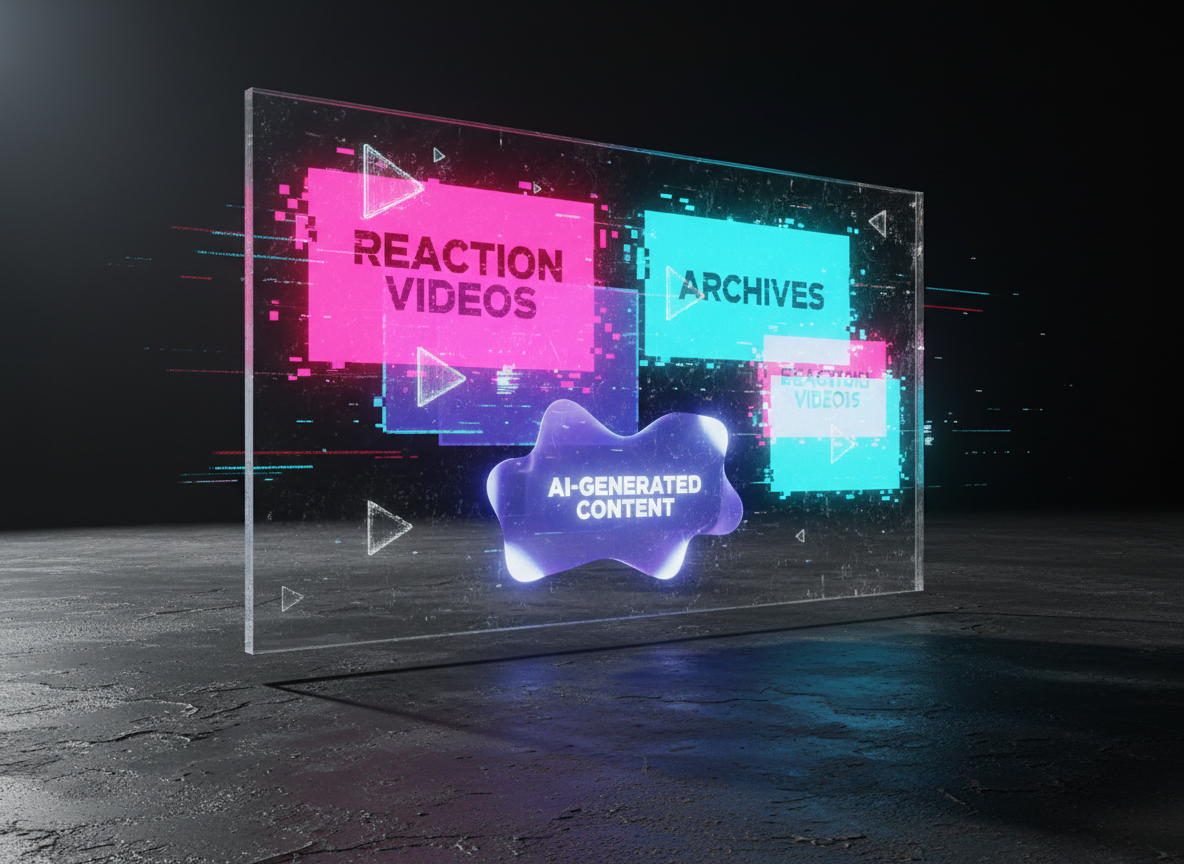 A bold Entertainment hub interface rendered in photographic realism, displayed on a frameless, edge-to-edge transparent display hovering above a dark, textured concrete slab. The screen shows oversized hot pink tiles for reaction videos, glitchy cyan panels for archives, and purple-blue cards for AI-generated content, all slightly tilted as if in motion. Background elements include faint VHS tracking lines and holographic play buttons drifting like particles. Cool, directional lighting from the left creates sharp, dramatic shadows on the concrete and highlights the etched surface of the transparent screen. Shot at a low, cinematic angle, the composition feels like a futuristic control center for pure entertainment chaos, saturated with neon and high contrast.