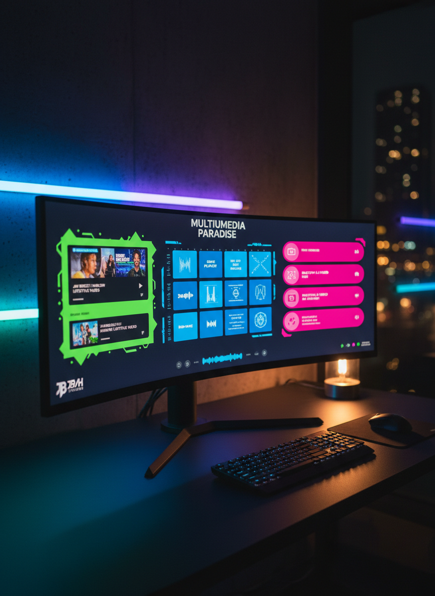 A dark, immersive workspace scene featuring a curved ultra-wide monitor on a matte black desk, the screen filled with a high-IQ, neon-accented interface for a multimedia paradise. Acid green panels highlight Jay Breezy/Harlow lifestyle vlogs, electric blue tiles pulse like a grime and hip-hop beat player, and hot pink cards showcase reaction and AI video archives. Subtle RGB strip lights wash the wall in shifting gradients, while a single warm desk lamp creates soft reflections on a brushed metal keyboard and glossy trackpad. Photographic realism, shot at eye level with shallow depth of field, focusing sharply on the layered interface while the background blurs into colorful bokeh, conveying a dynamic, street-smart creative studio mood.