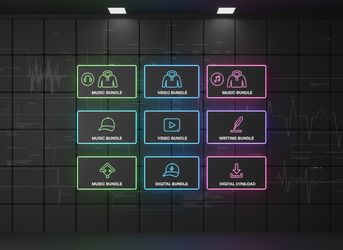 A close-up, eye-level composition of a minimalist e-commerce product wall on a dark virtual storefront, designed for a multimedia lifestyle brand. Floating product cards—hoodies, caps, and digital downloads—are rendered as sleek, matte-black tiles edged in neon gradients that shift from acid green to electric blue to hot pink. Each tile features crisp, glowing icons for music, video, and writing bundles, with bold, condensed typography beneath. The background is a deep charcoal with subtle, abstract waveforms and grids hinting at audio and video signals. Soft, directional studio lighting creates delicate highlights on the tile edges, giving a tactile, premium feel in photographic realism, while the overall mood is energetic, urban, and irresistibly clickable.