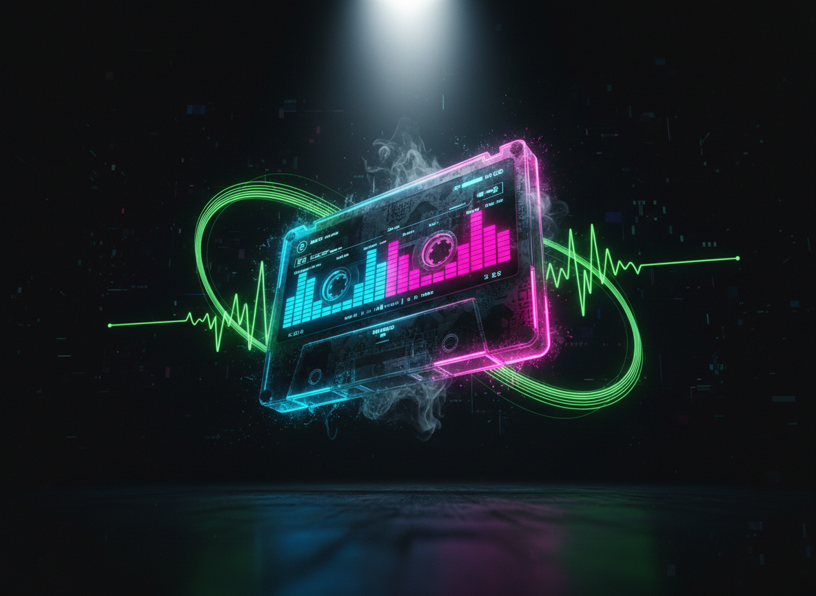 An abstract yet photographic hero banner for the Music silo, featuring a hovering, transparent grime and hip-hop beat player shaped like a sleek black cassette fused with a modern digital UI. Neon equalizer bars in electric blue and hot pink rise and fall across its surface, while acid green waveform ribbons twist into the dark background. The player floats above a subtly reflective black floor, illuminated by a focused spotlight from above that carves sharp highlights along its edges. Secondary rim lighting in cyan and magenta creates a holographic halo. Shot from a low, dramatic angle with deep depth of field, the atmosphere is intense, club-like, and high-energy, conveying the raw street power of beats and bass.