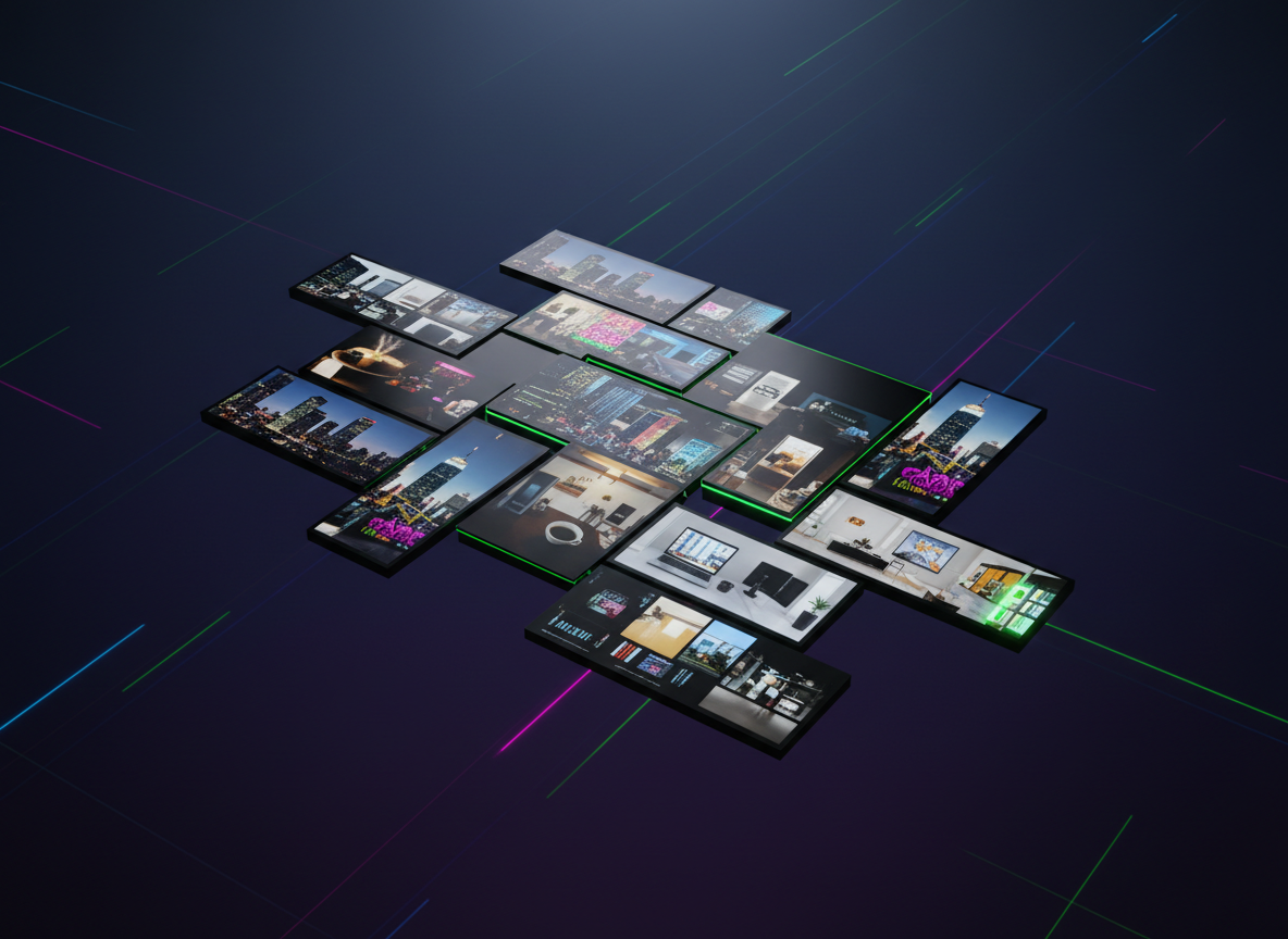 A photographic, immersive scene for the Lifestyle section, showing a dark, glossy virtual “vlog dashboard” suspended in space. Rectangular panels in acid green glow with crisp thumbnails of urban skylines, interiors, and everyday objects, arranged in an asymmetric mosaic suggesting Jay Breezy/Harlow-style vlogs without any people. The backdrop is a subtle gradient from midnight blue to deep violet, streaked with faint neon trails like long-exposure city lights. A soft, diffused top light casts gentle reflections and is complemented by underlighting from the neon panels, giving the dashboard a floating, holographic quality. Captured from a slightly angled three-quarter view, the mood is aspirational urban lifestyle, smart and cinematic.